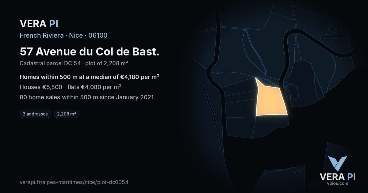57 Avenue du Col de Bast, Nice at night – the plot lit, the parcels around coloured by the prices near them