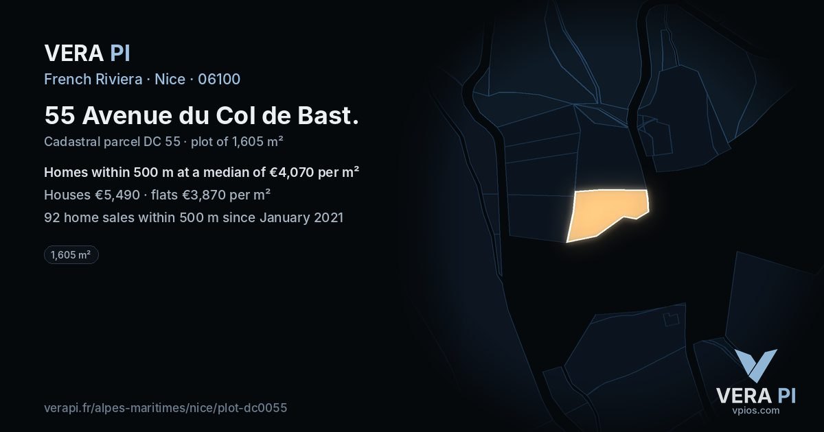 55 Avenue du Col de Bast, Nice at night – the plot lit, the parcels around coloured by the prices near them