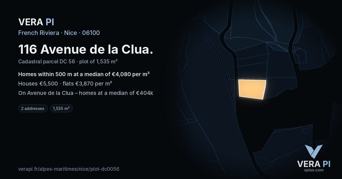 116 Avenue de la Clua, Nice at night – the plot lit, the parcels around coloured by the prices near them