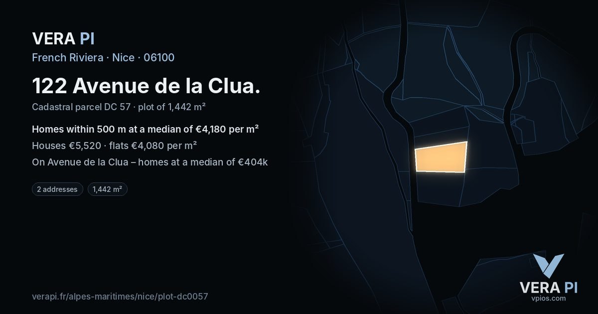 122 Avenue de la Clua, Nice at night – the plot lit, the parcels around coloured by the prices near them