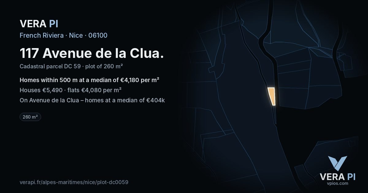 117 Avenue de la Clua, Nice at night – the plot lit, the parcels around coloured by the prices near them