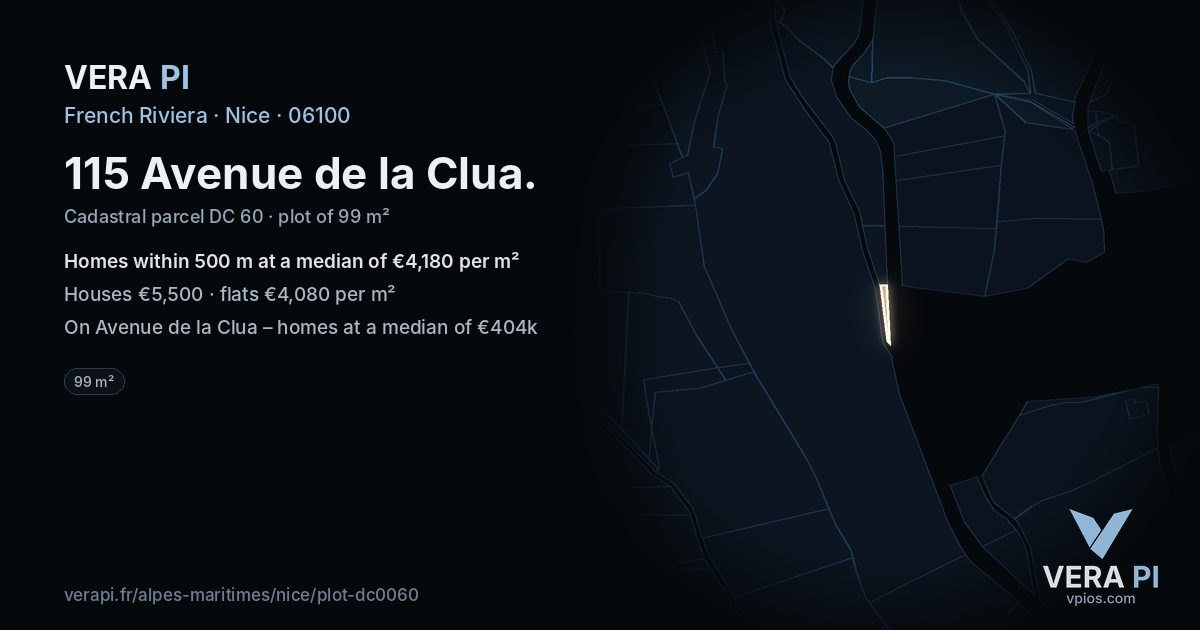 115 Avenue de la Clua, Nice at night – the plot lit, the parcels around coloured by the prices near them