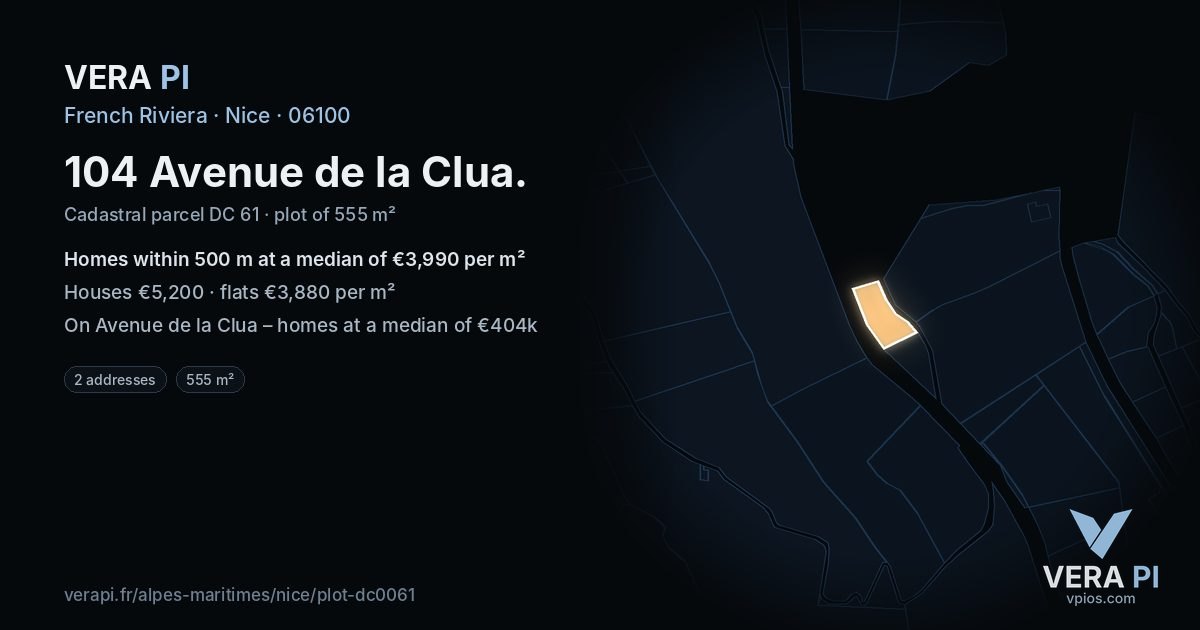 104 Avenue de la Clua, Nice at night – the plot lit, the parcels around coloured by the prices near them