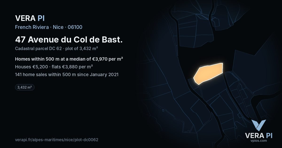 47 Avenue du Col de Bast, Nice at night – the plot lit, the parcels around coloured by the prices near them