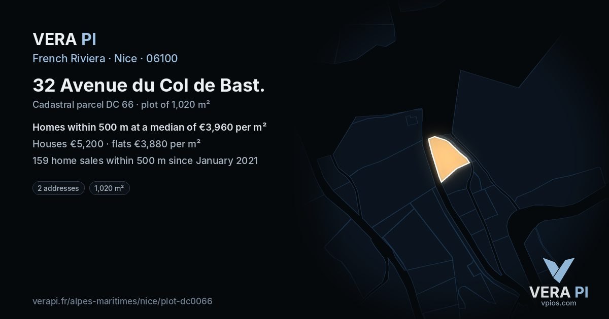 32 Avenue du Col de Bast, Nice at night – the plot lit, the parcels around coloured by the prices near them
