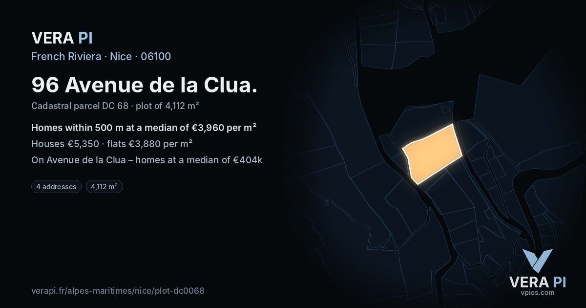96 Avenue de la Clua, Nice at night – the plot lit, the parcels around coloured by the prices near them