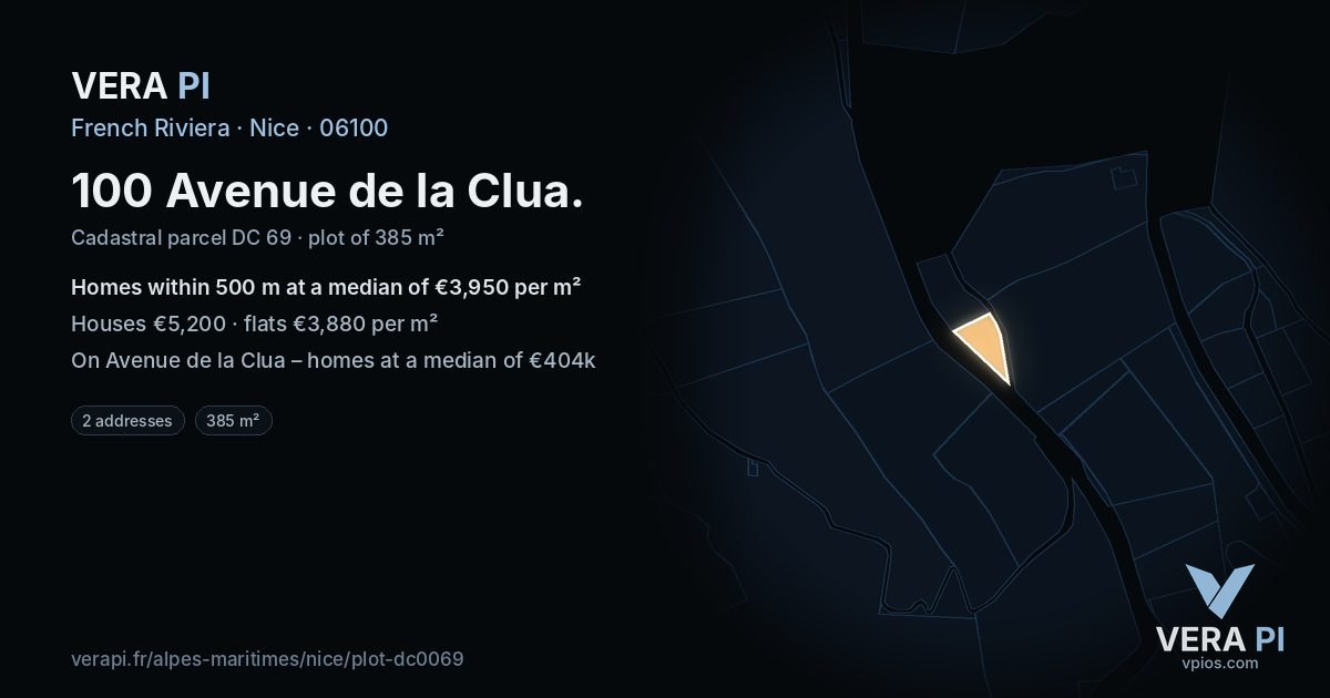 100 Avenue de la Clua, Nice at night – the plot lit, the parcels around coloured by the prices near them