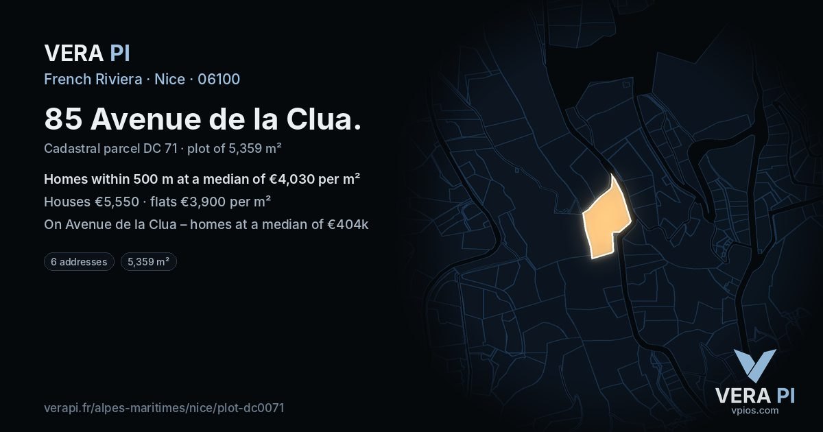 85 Avenue de la Clua, Nice at night – the plot lit, the parcels around coloured by the prices near them