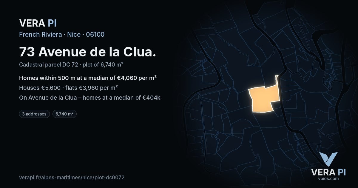 73 Avenue de la Clua, Nice at night – the plot lit, the parcels around coloured by the prices near them
