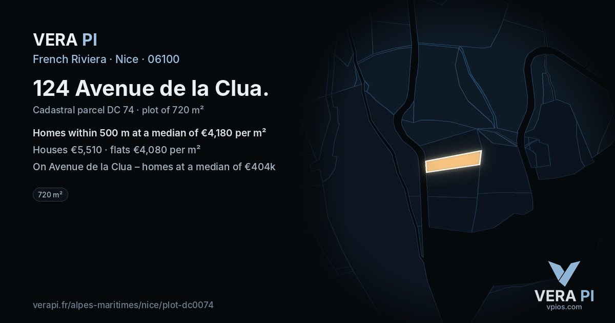 124 Avenue de la Clua, Nice at night – the plot lit, the parcels around coloured by the prices near them