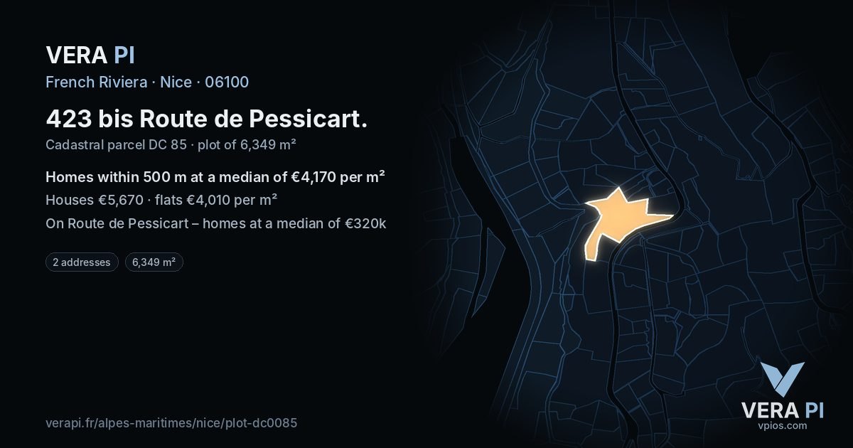 423 bis Route de Pessicart, Nice at night – the plot lit, the parcels around coloured by the prices near them