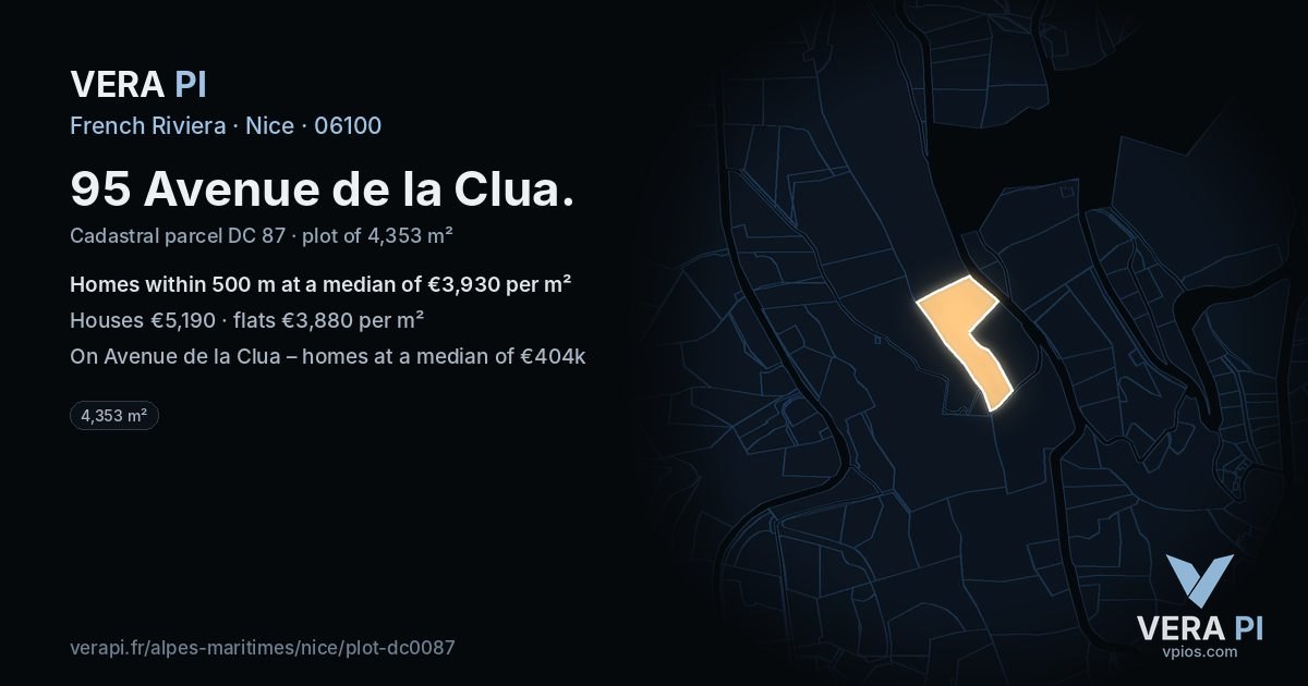 95 Avenue de la Clua, Nice at night – the plot lit, the parcels around coloured by the prices near them