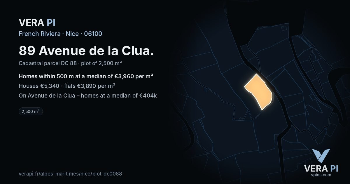 89 Avenue de la Clua, Nice at night – the plot lit, the parcels around coloured by the prices near them