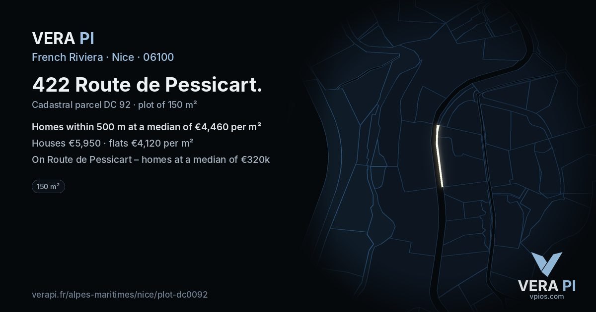 422 Route de Pessicart, Nice at night – the plot lit, the parcels around coloured by the prices near them