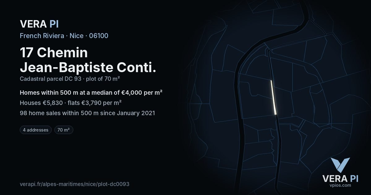 17 Chemin Jean-Baptiste Conti, Nice at night – the plot lit, the parcels around coloured by the prices near them