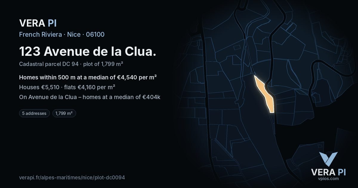 123 Avenue de la Clua, Nice at night – the plot lit, the parcels around coloured by the prices near them
