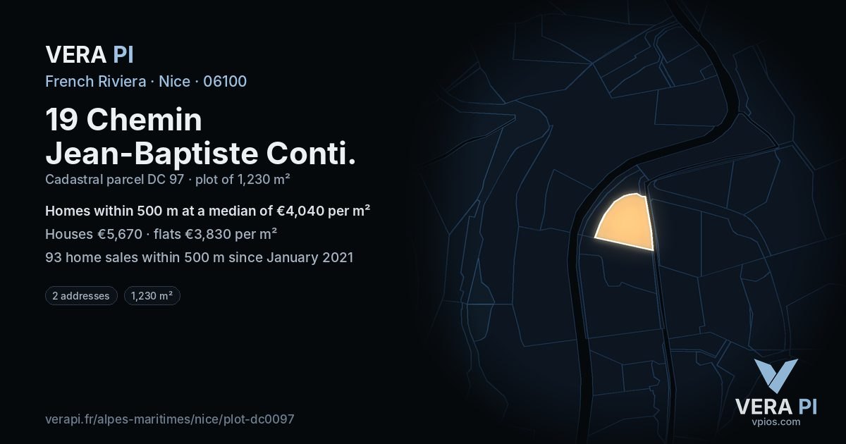 19 Chemin Jean-Baptiste Conti, Nice at night – the plot lit, the parcels around coloured by the prices near them