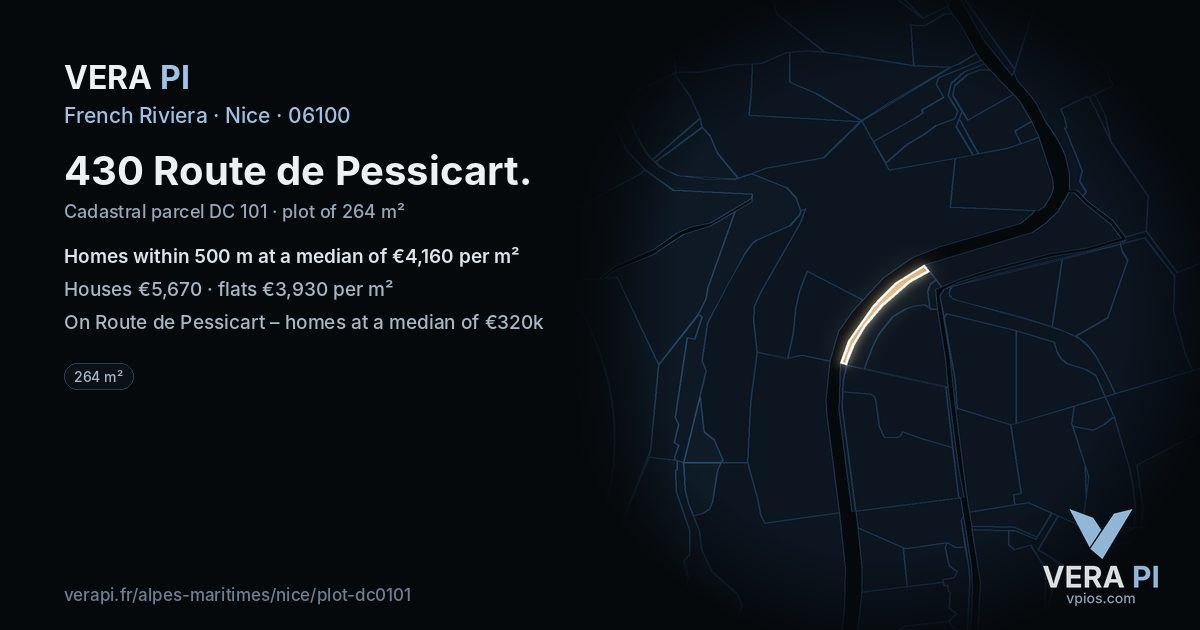 430 Route de Pessicart, Nice at night – the plot lit, the parcels around coloured by the prices near them