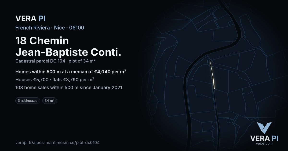 18 Chemin Jean-Baptiste Conti, Nice at night – the plot lit, the parcels around coloured by the prices near them