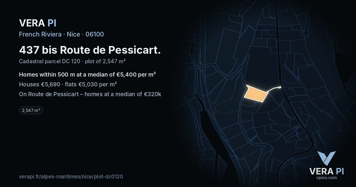 437 bis Route de Pessicart, Nice at night – the plot lit, the parcels around coloured by the prices near them