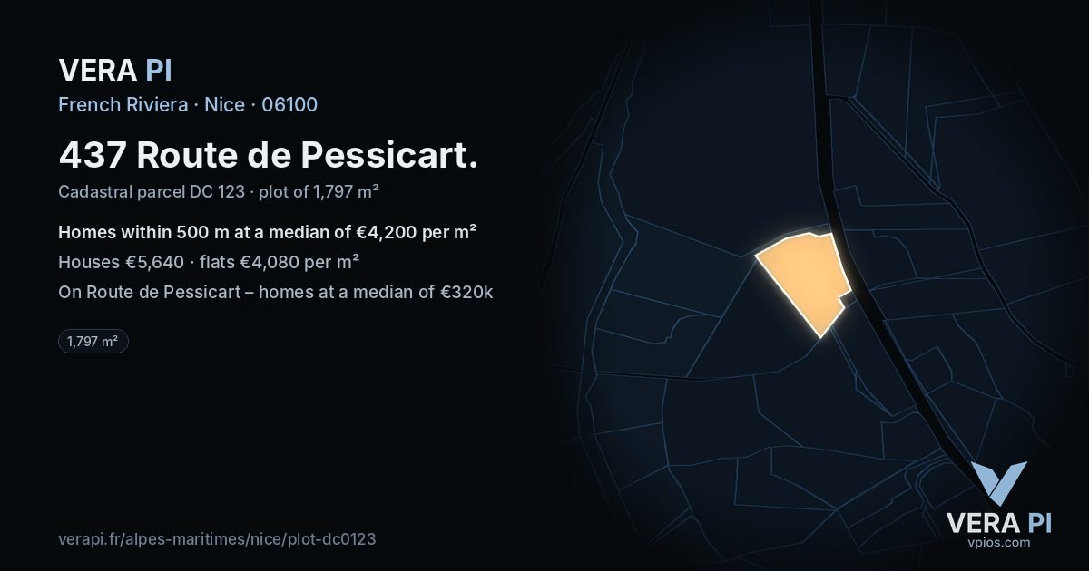 437 Route de Pessicart, Nice at night – the plot lit, the parcels around coloured by the prices near them