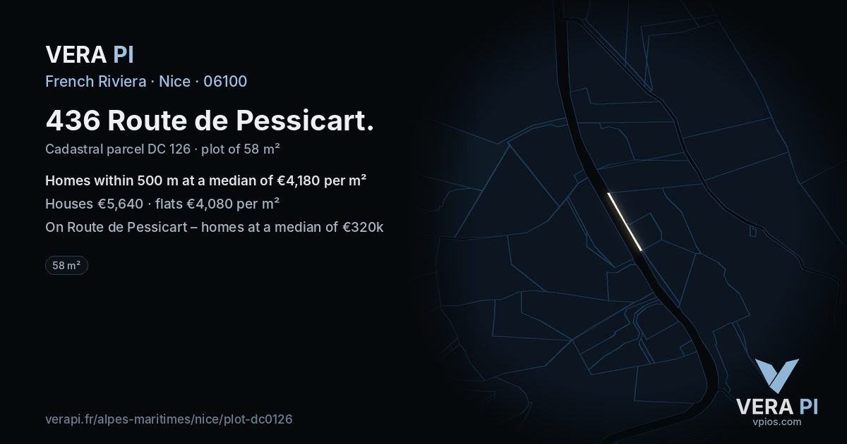 436 Route de Pessicart, Nice at night – the plot lit, the parcels around coloured by the prices near them