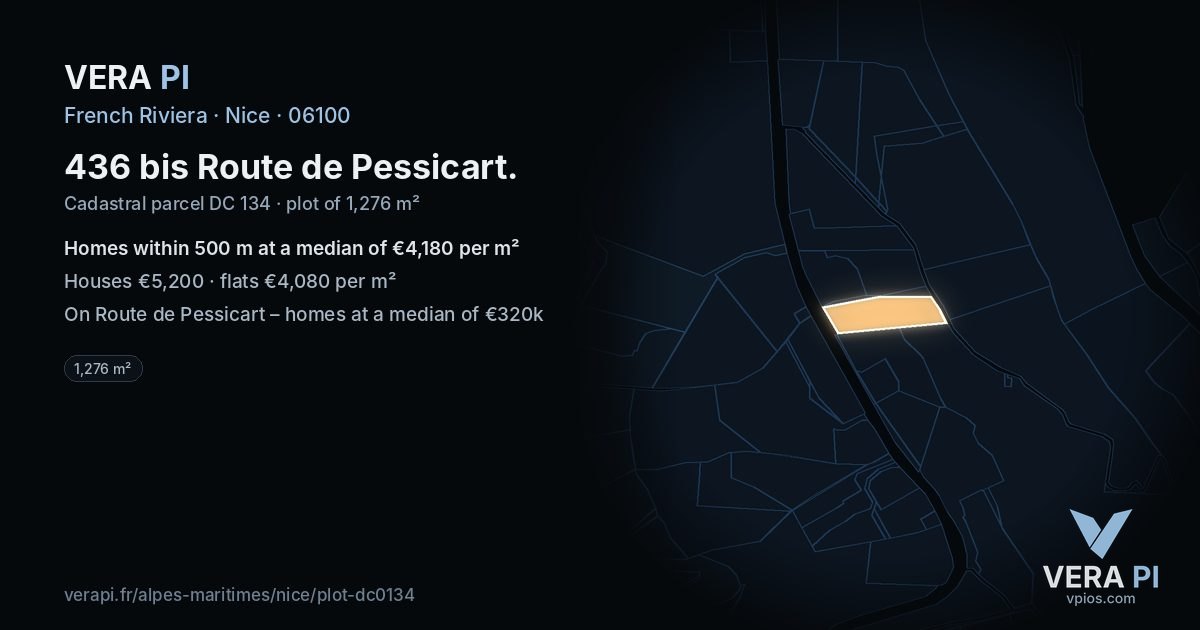 436 bis Route de Pessicart, Nice at night – the plot lit, the parcels around coloured by the prices near them