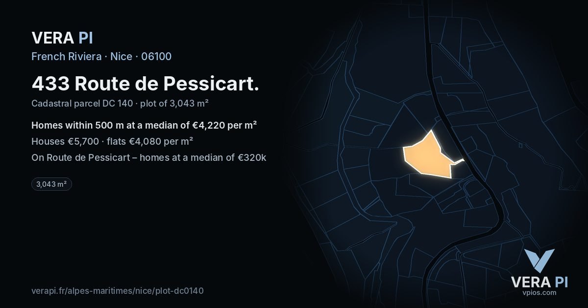 433 Route de Pessicart, Nice at night – the plot lit, the parcels around coloured by the prices near them