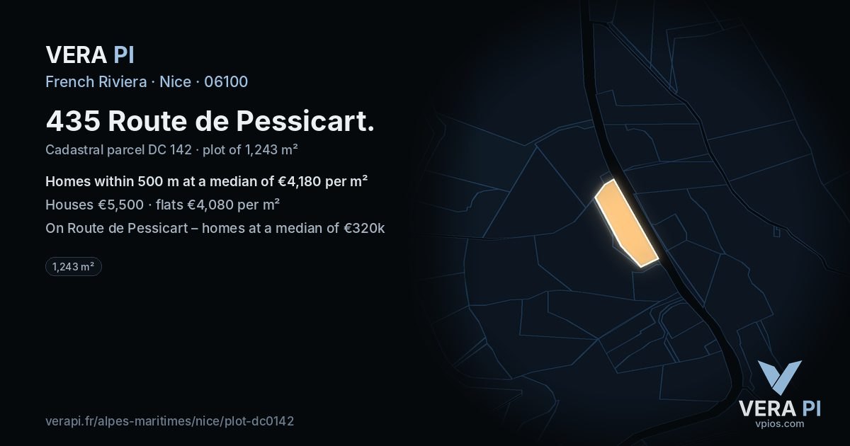 435 Route de Pessicart, Nice at night – the plot lit, the parcels around coloured by the prices near them