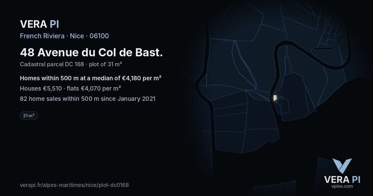 48 Avenue du Col de Bast, Nice at night – the plot lit, the parcels around coloured by the prices near them