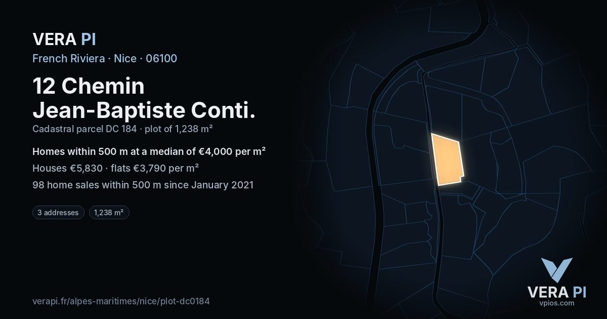 12 Chemin Jean-Baptiste Conti, Nice at night – the plot lit, the parcels around coloured by the prices near them
