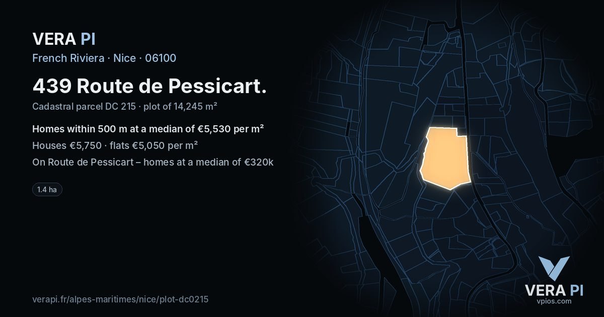 439 Route de Pessicart, Nice at night – the plot lit, the parcels around coloured by the prices near them