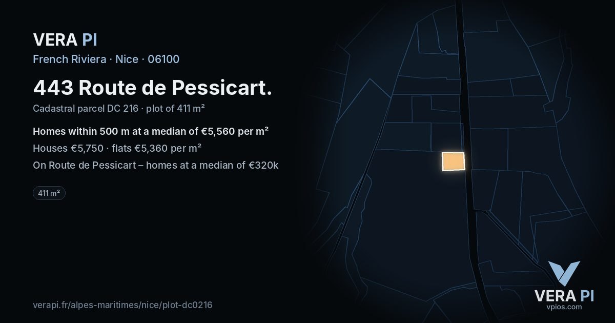 443 Route de Pessicart, Nice at night – the plot lit, the parcels around coloured by the prices near them