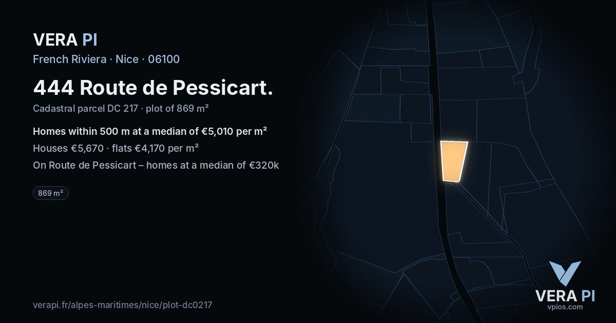 444 Route de Pessicart, Nice at night – the plot lit, the parcels around coloured by the prices near them