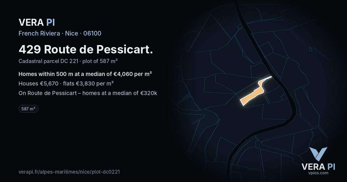 429 Route de Pessicart, Nice at night – the plot lit, the parcels around coloured by the prices near them