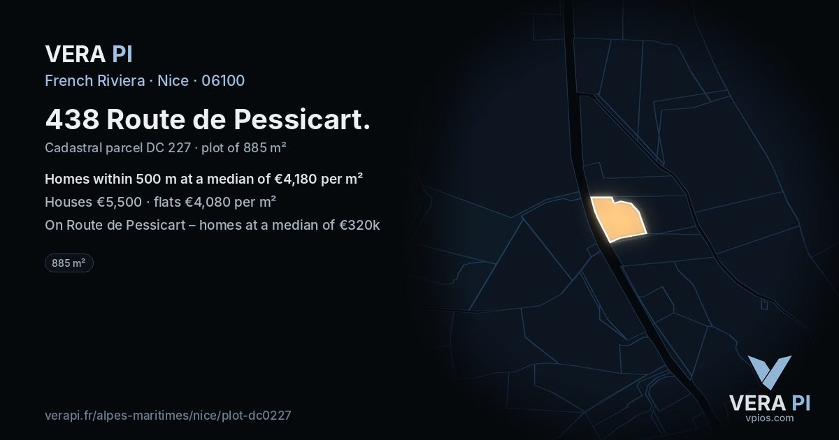 438 Route de Pessicart, Nice at night – the plot lit, the parcels around coloured by the prices near them