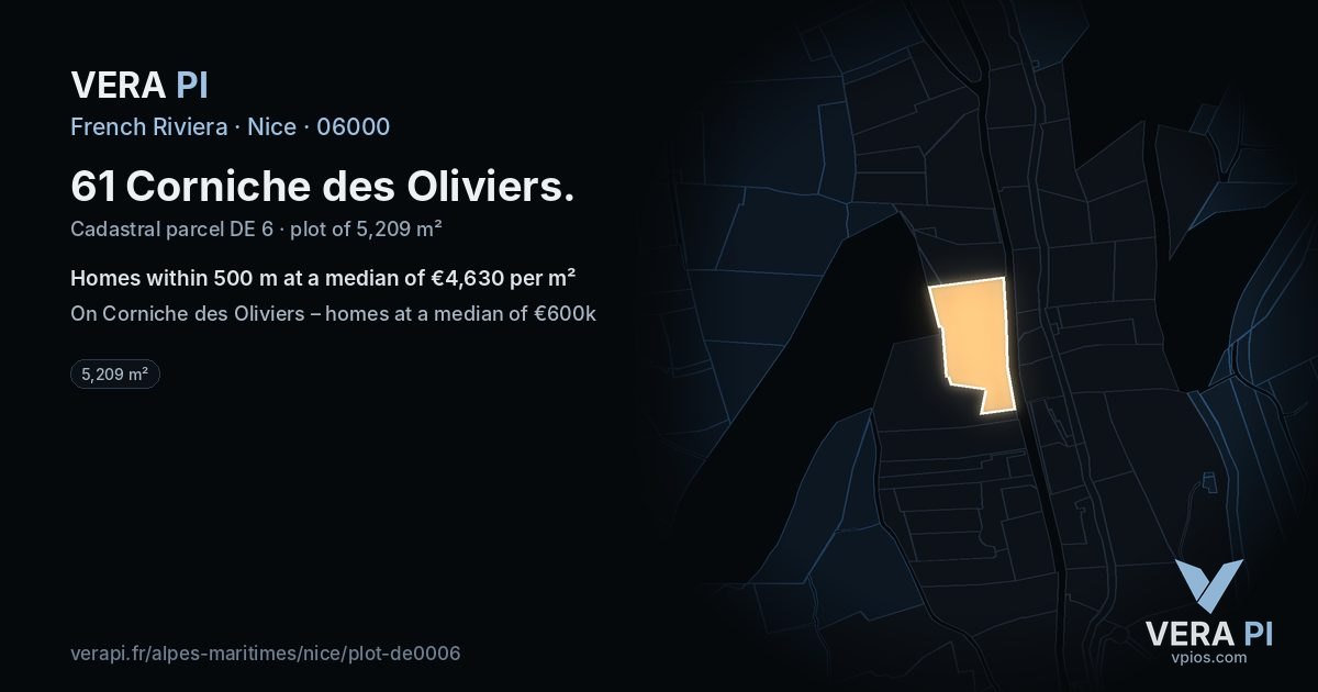 61 Corniche des Oliviers, Nice at night – the plot lit, the parcels around coloured by the prices near them