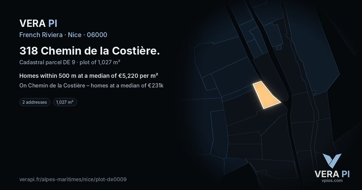 318 Chemin de la Costière, Nice at night – the plot lit, the parcels around coloured by the prices near them