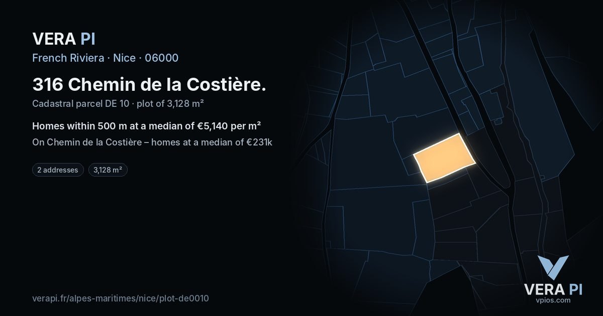 316 Chemin de la Costière, Nice at night – the plot lit, the parcels around coloured by the prices near them