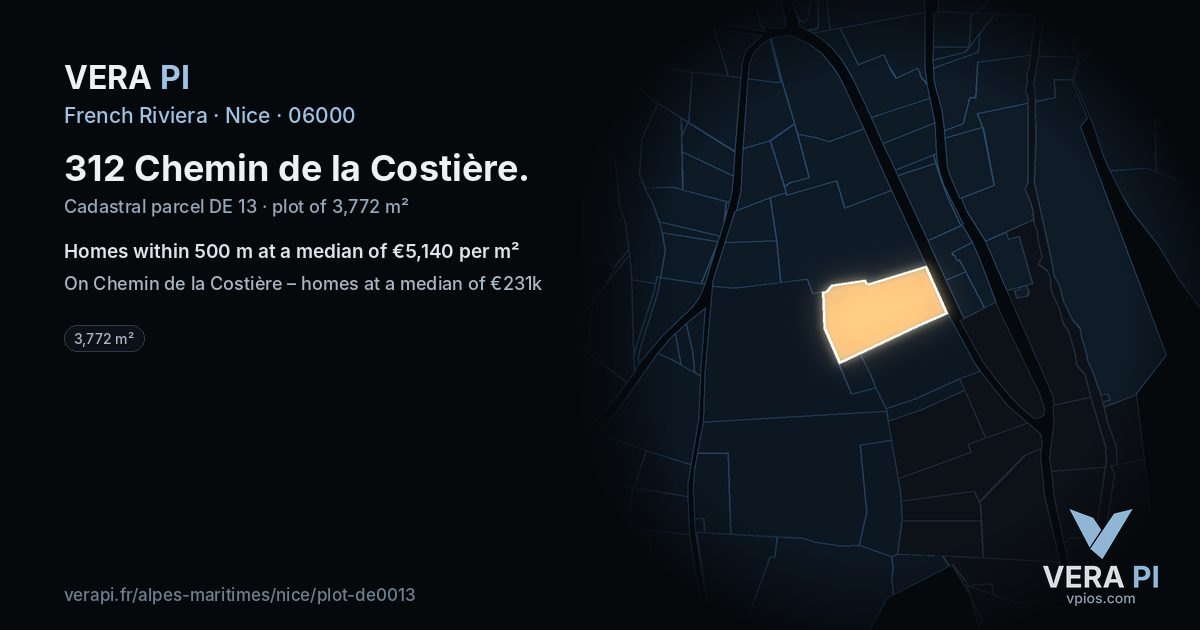 312 Chemin de la Costière, Nice at night – the plot lit, the parcels around coloured by the prices near them