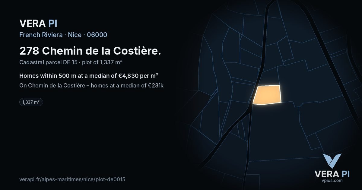 278 Chemin de la Costière, Nice at night – the plot lit, the parcels around coloured by the prices near them