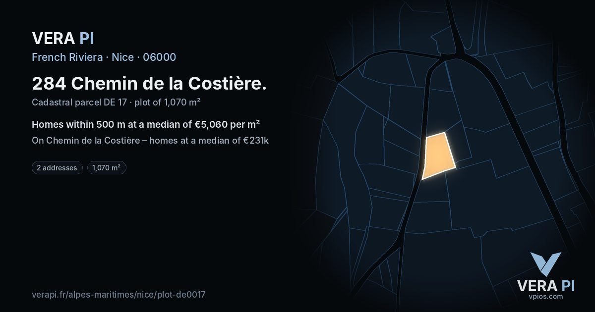 284 Chemin de la Costière, Nice at night – the plot lit, the parcels around coloured by the prices near them