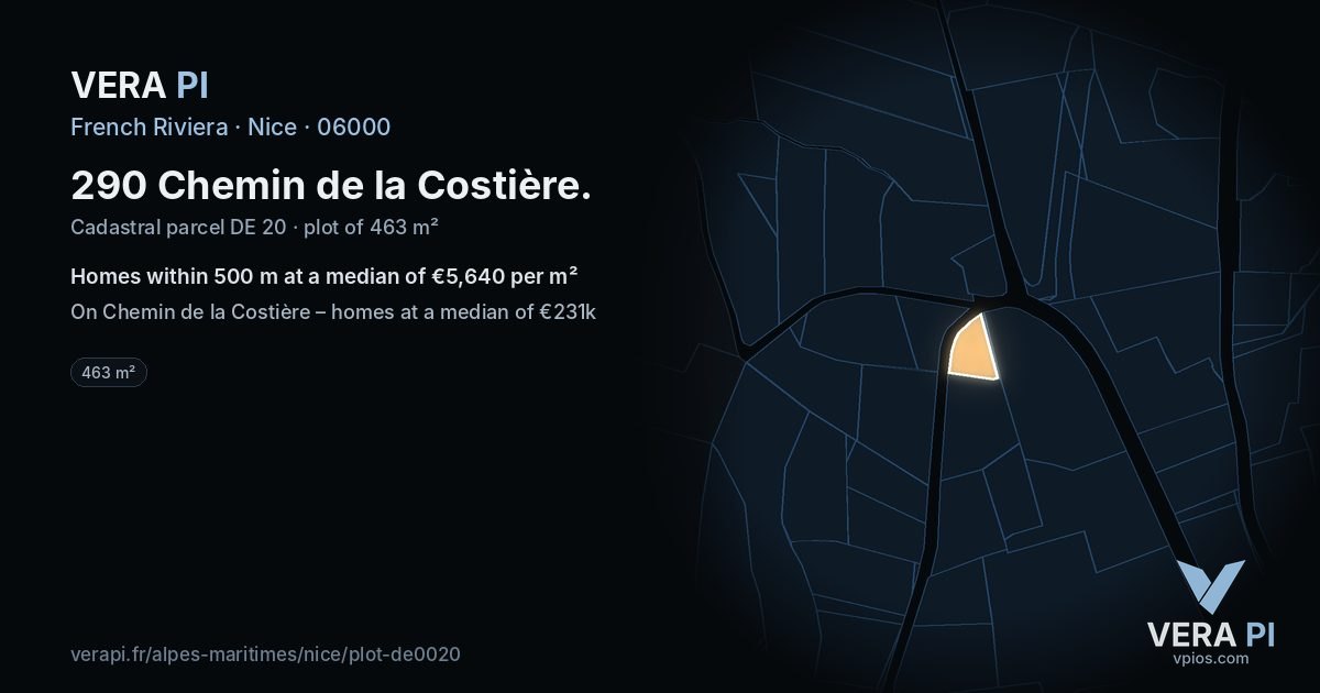 290 Chemin de la Costière, Nice at night – the plot lit, the parcels around coloured by the prices near them