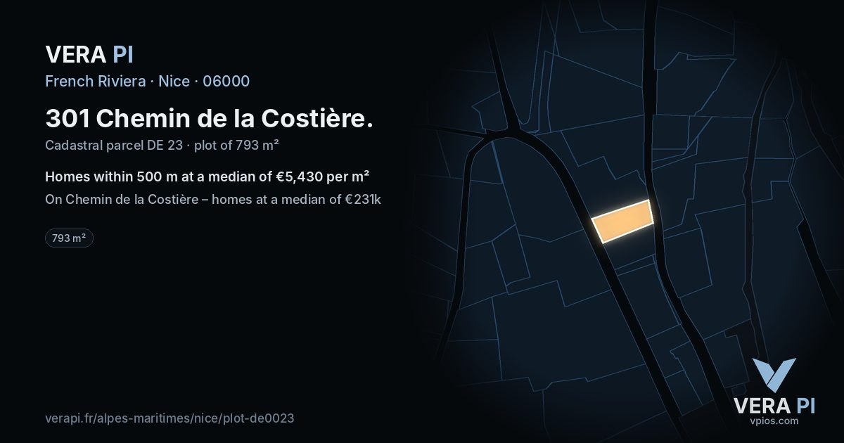 301 Chemin de la Costière, Nice at night – the plot lit, the parcels around coloured by the prices near them
