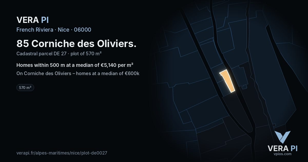 85 Corniche des Oliviers, Nice at night – the plot lit, the parcels around coloured by the prices near them