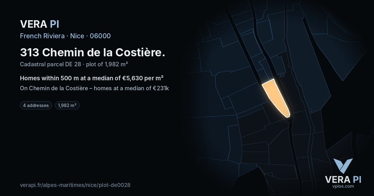 313 Chemin de la Costière, Nice at night – the plot lit, the parcels around coloured by the prices near them