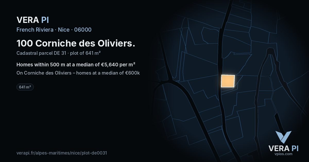 100 Corniche des Oliviers, Nice at night – the plot lit, the parcels around coloured by the prices near them