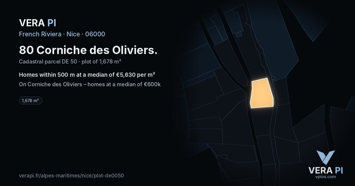 80 Corniche des Oliviers, Nice at night – the plot lit, the parcels around coloured by the prices near them