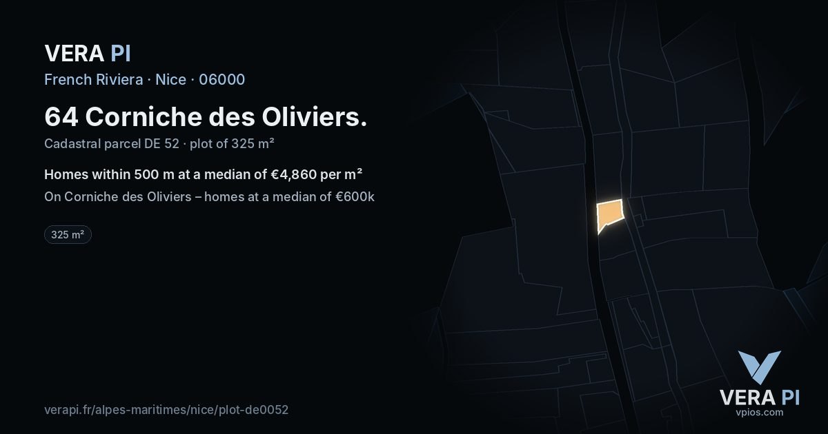 64 Corniche des Oliviers, Nice at night – the plot lit, the parcels around coloured by the prices near them