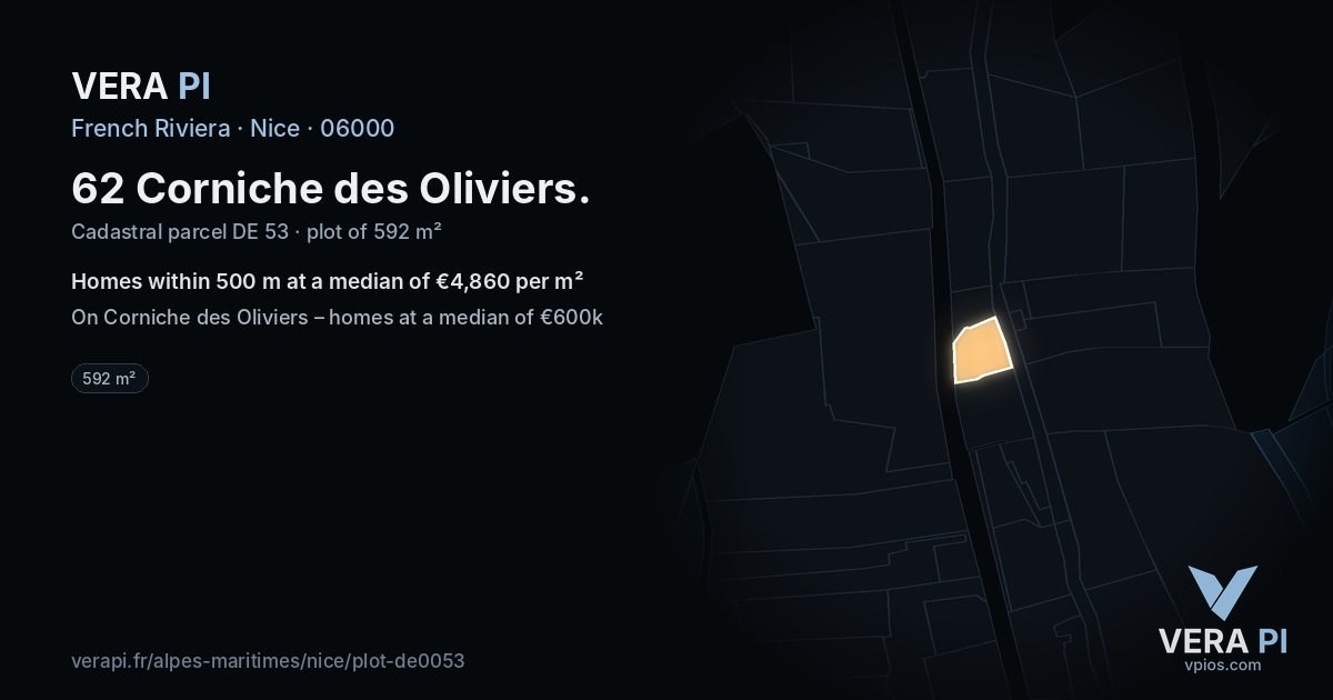 62 Corniche des Oliviers, Nice at night – the plot lit, the parcels around coloured by the prices near them